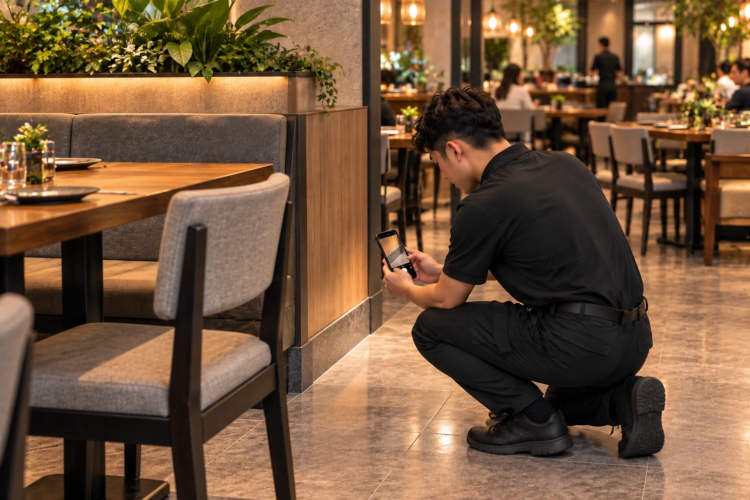 巡檢人員於營業中餐廳內,以手機記錄卡座旁牆腳與地坪現況
